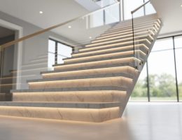 Low-angle view of a modern quartz staircase with luminous highlights and subtle stone veining in a bright home interior.