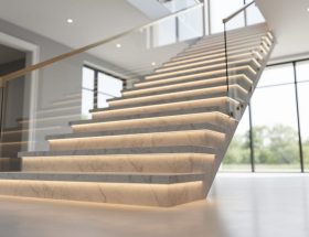 Low-angle view of a modern quartz staircase with luminous highlights and subtle stone veining in a bright home interior.