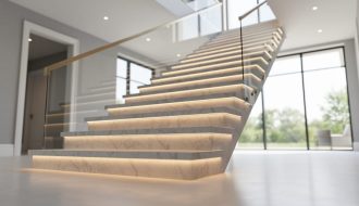 Low-angle view of a modern quartz staircase with luminous highlights and subtle stone veining in a bright home interior.