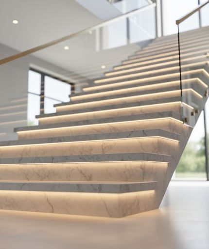 Low-angle view of a modern quartz staircase with luminous highlights and subtle stone veining in a bright home interior.