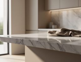 Polished natural stone countertop in a modern interior with window side lighting highlighting veining, texture, and subtle pattern.