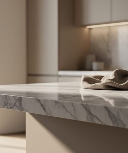 Polished natural stone countertop in a modern interior with window side lighting highlighting veining, texture, and subtle pattern.