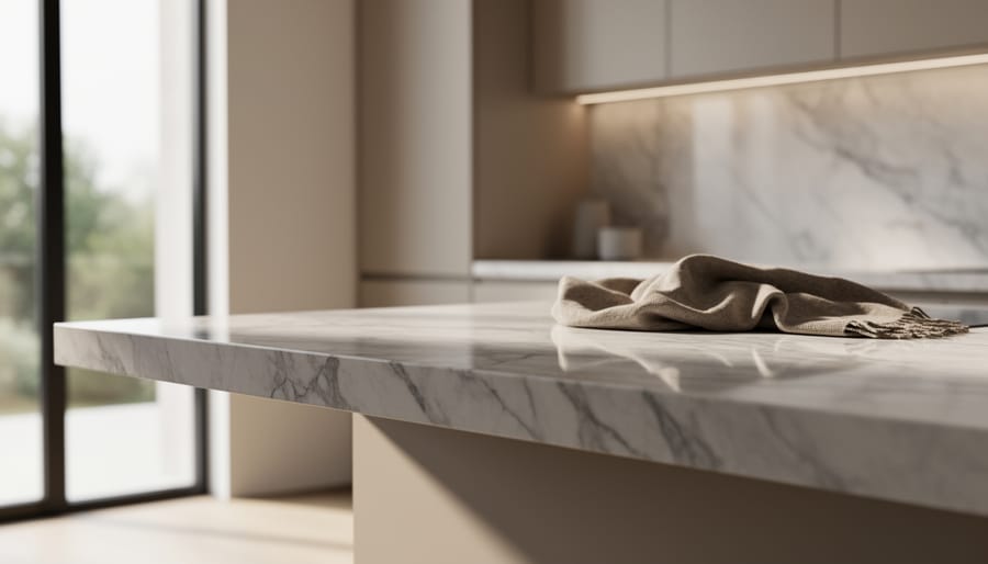 Polished natural stone countertop in a modern interior with window side lighting highlighting veining, texture, and subtle pattern.