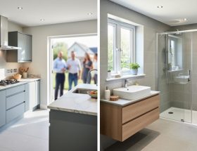 Wide view of a modern renovated kitchen with natural-stone counters and a refreshed bathroom with clean tiles, shown under soft daylight to represent improvements that add home sale value.