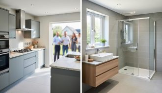 Wide view of a modern renovated kitchen with natural-stone counters and a refreshed bathroom with clean tiles, shown under soft daylight to represent improvements that add home sale value.