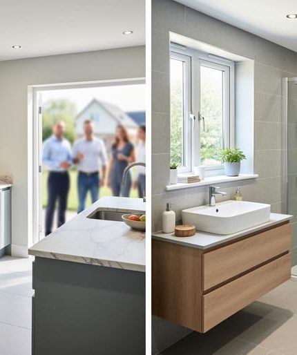 Wide view of a modern renovated kitchen with natural-stone counters and a refreshed bathroom with clean tiles, shown under soft daylight to represent improvements that add home sale value.