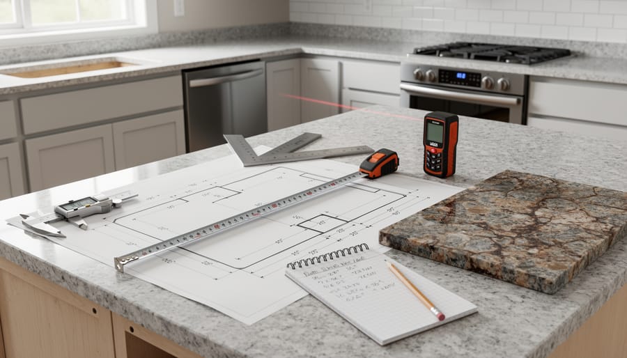 Hands using a laser measure and tape measure on kitchen cabinetry to measure a countertop area