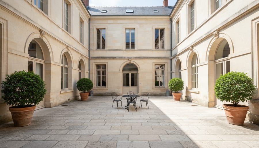 European-style courtyard patio paved with light limestone slabs