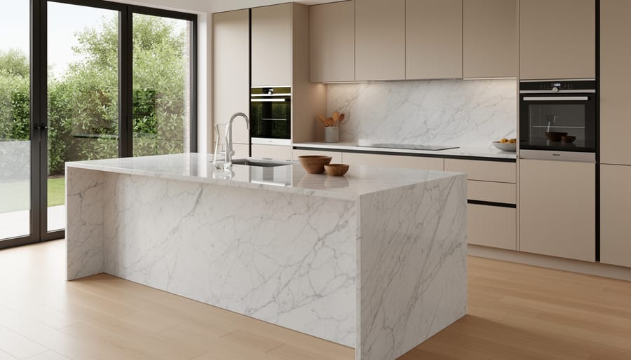 Modern kitchen interior with a honed marble island lit by soft daylight through a nearby window.