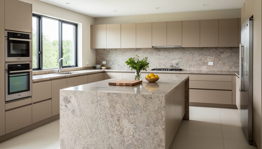 Modern kitchen featuring a natural stone countertop with visible stone veining and warm neutral finishes