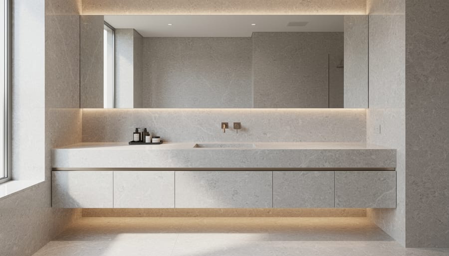 Modern bathroom with a floor-to-ceiling marble vanity and integrated sink in a minimalist design.