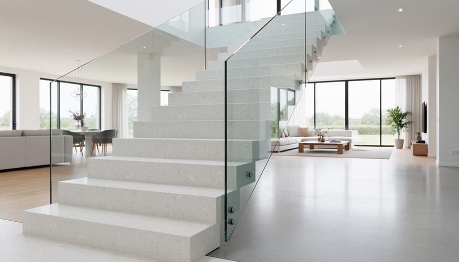 Modern staircase with quartz treads and risers in a bright interior