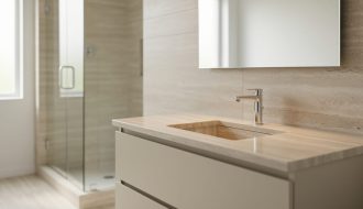Modern bathroom with a light honed stone vanity countertop, minimalist faucet, and frameless shower in a bright spa-like setting.