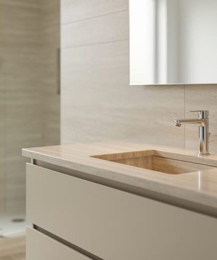 Modern bathroom with a light honed stone vanity countertop, minimalist faucet, and frameless shower in a bright spa-like setting.