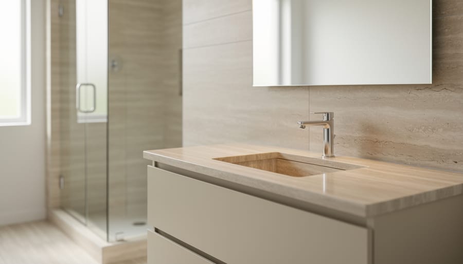 Modern bathroom with a light honed stone vanity countertop, minimalist faucet, and frameless shower in a bright spa-like setting.