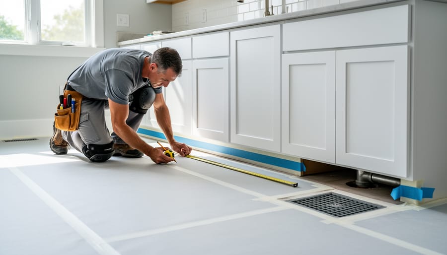 Protected kitchen floor with drop cloth and masking tape boundary near the countertop measurement area