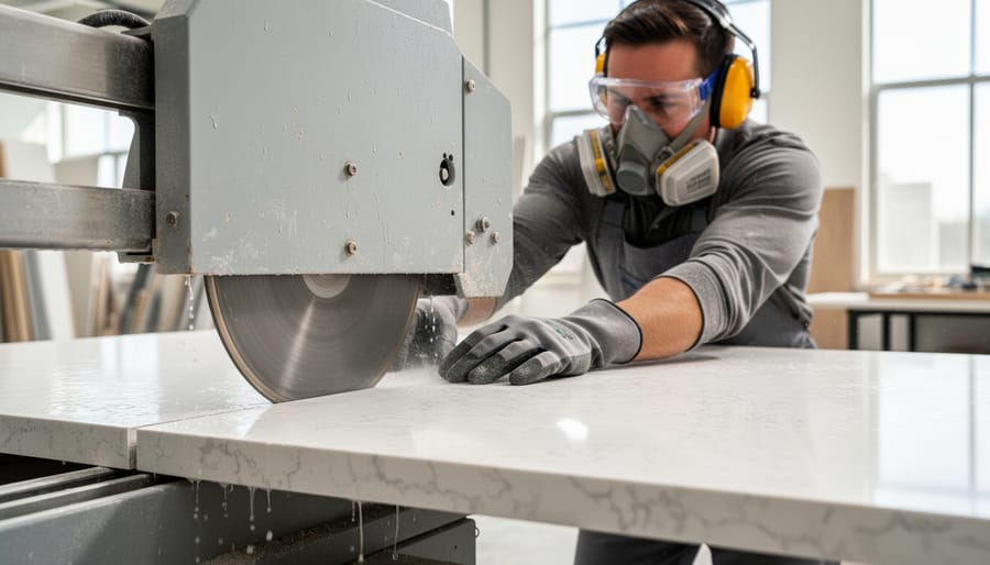 Worker wearing gloves preparing to cut a quartz slab in a fabrication workshop