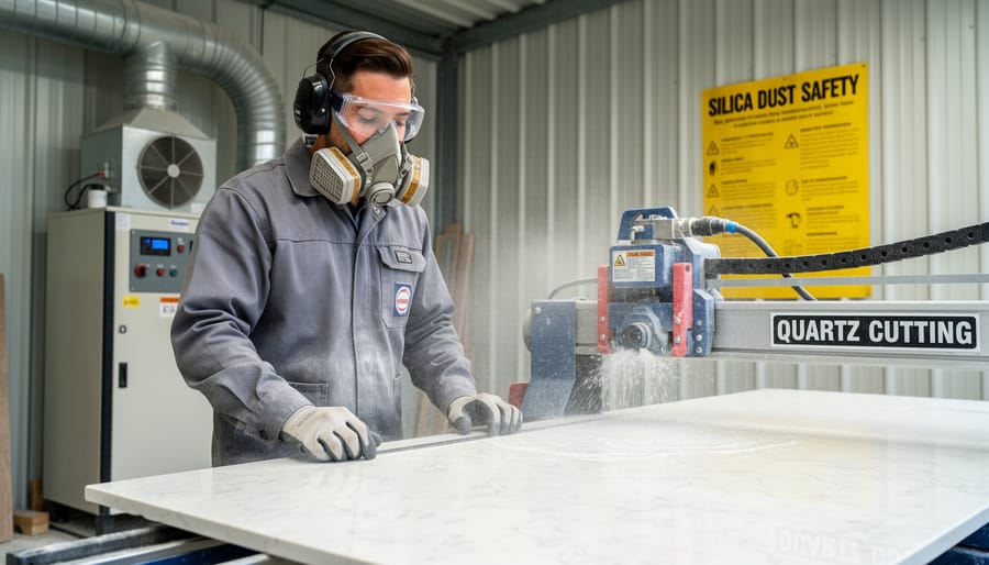 Installer wearing respirator and safety glasses near quartz cutting work area with dust control equipment in background