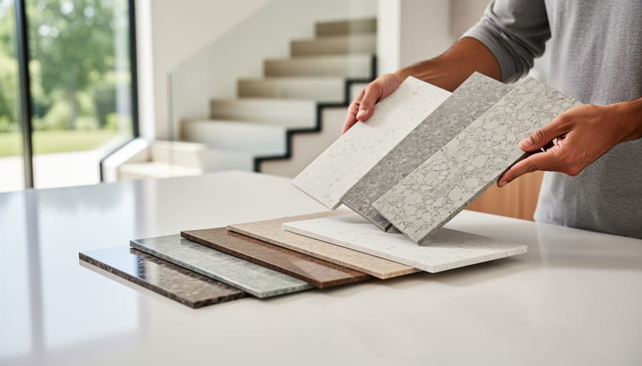 Quartz slab samples showing polished and honed finishes with visible veining