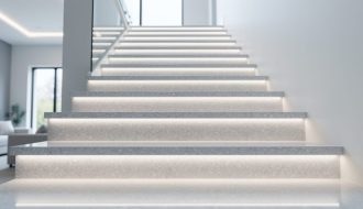 Low-angle view of a modern indoor staircase with glossy quartz treads and risers and subtle LED underlighting glow.