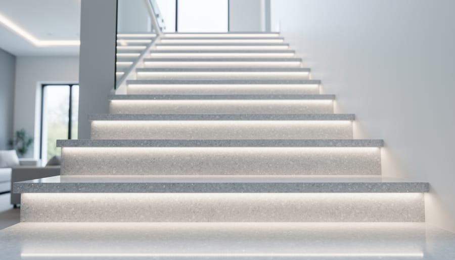 Low-angle view of a modern indoor staircase with glossy quartz treads and risers and subtle LED underlighting glow.