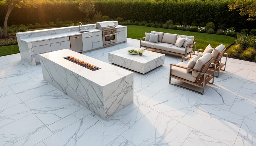 Luxury outdoor patio paved with quartzite slabs showing subtle veining