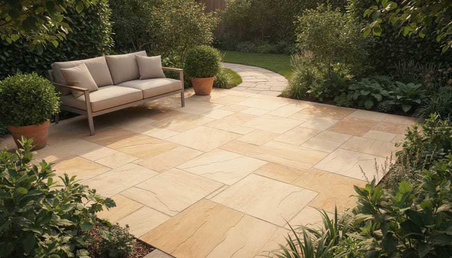 Warm sandstone pavers forming a backyard patio with a simple outdoor dining setup in the background