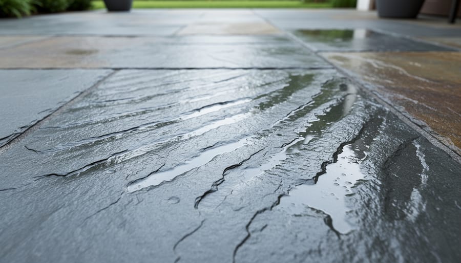 Close-up of slate patio surface with wet sheen and detailed textured traction