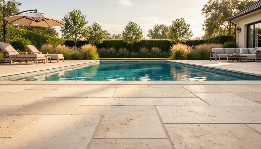 Travertine stone patio beside a swimming pool with warm sunlight and textured pavers