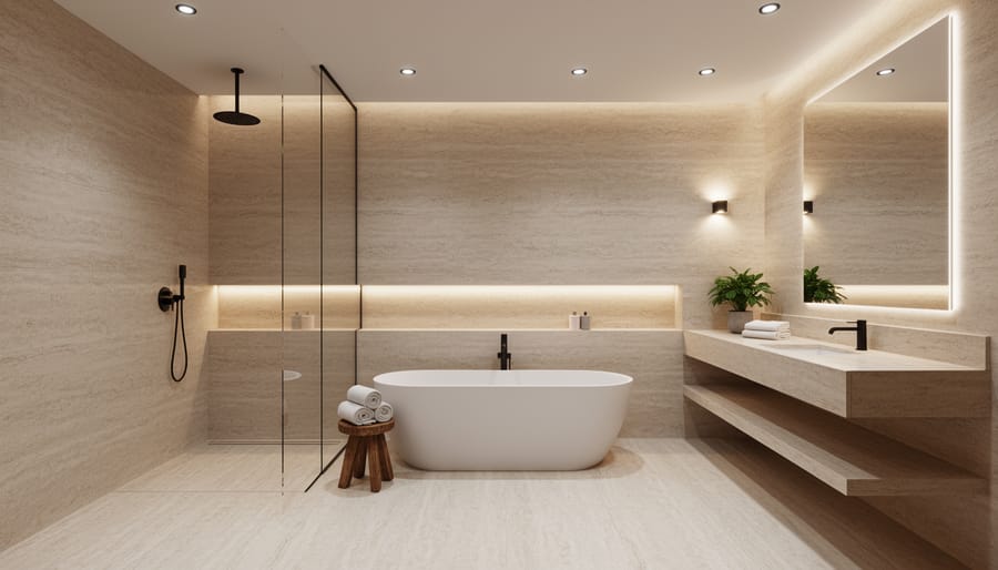Spa-inspired modern bathroom with travertine surfaces, minimalist lighting, and a freestanding tub.