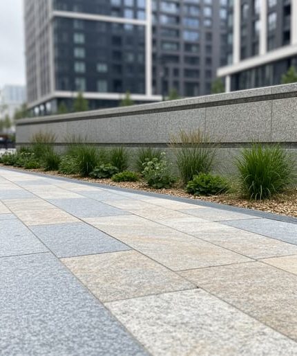 Eye-level view of a modern urban plaza with natural stone pavers, a low retaining wall, and integrated greenery.