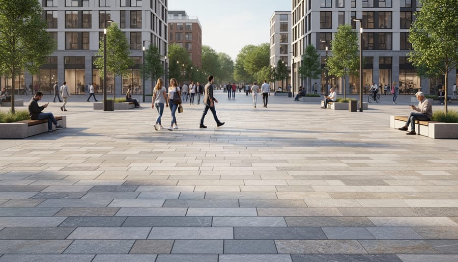 Pedestrians walking through a modern plaza with natural stone pavers, planters, and seating walls.