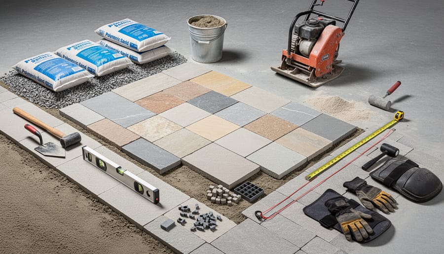 Natural stone slabs and installation tools on a construction staging area next to sealant and drainage gravel.