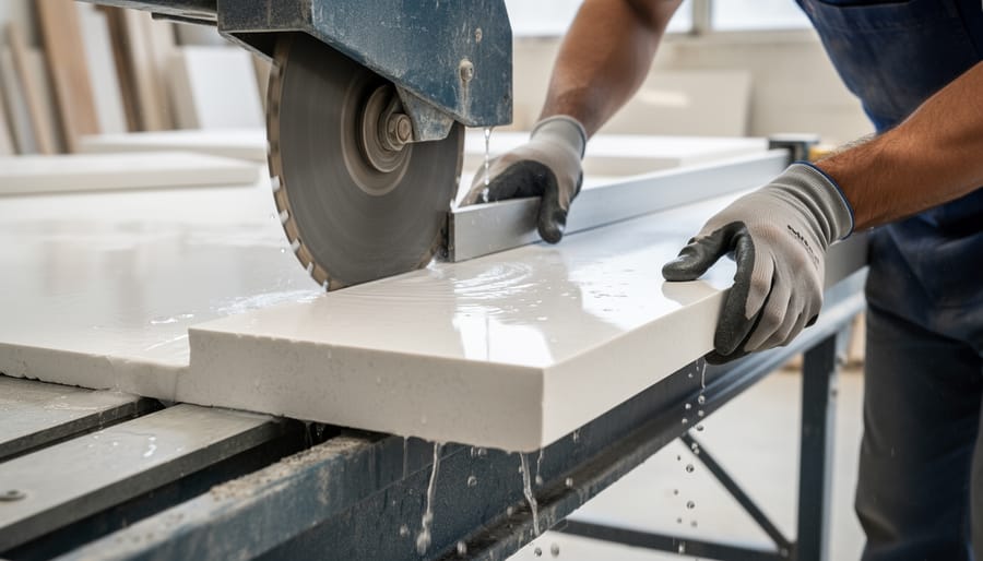 Wet saw cutting a quartz slab with water spray producing a clean cut edge in a workshop