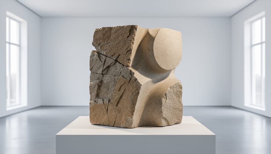 Abstract contemporary stone sculpture in a museum courtyard, showing modern planar facets and chisel marks.