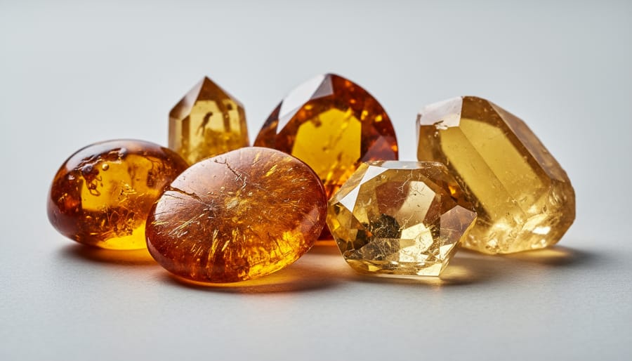 Sunlit amber and golden beryl gemstones arranged on sandy ground with scattered stone fragments.