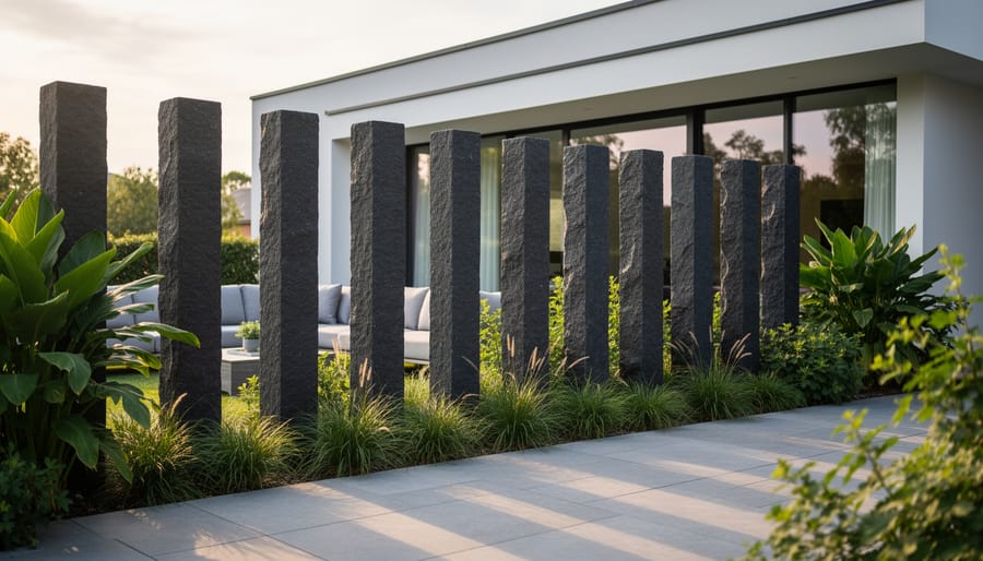 Basalt column privacy accent in a modern urban courtyard