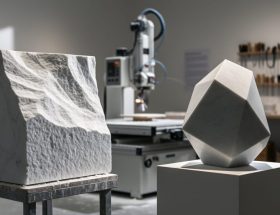 Abstract contemporary marble sculpture on a plinth in a workshop, with a partially carved block and diamond wire saw nearby under dramatic side lighting.