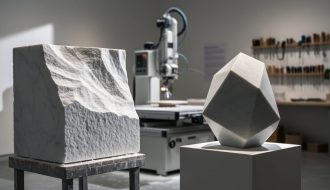 Abstract contemporary marble sculpture on a plinth in a workshop, with a partially carved block and diamond wire saw nearby under dramatic side lighting.