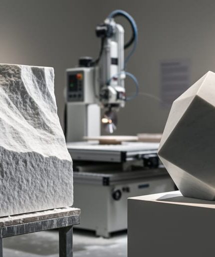 Abstract contemporary marble sculpture on a plinth in a workshop, with a partially carved block and diamond wire saw nearby under dramatic side lighting.