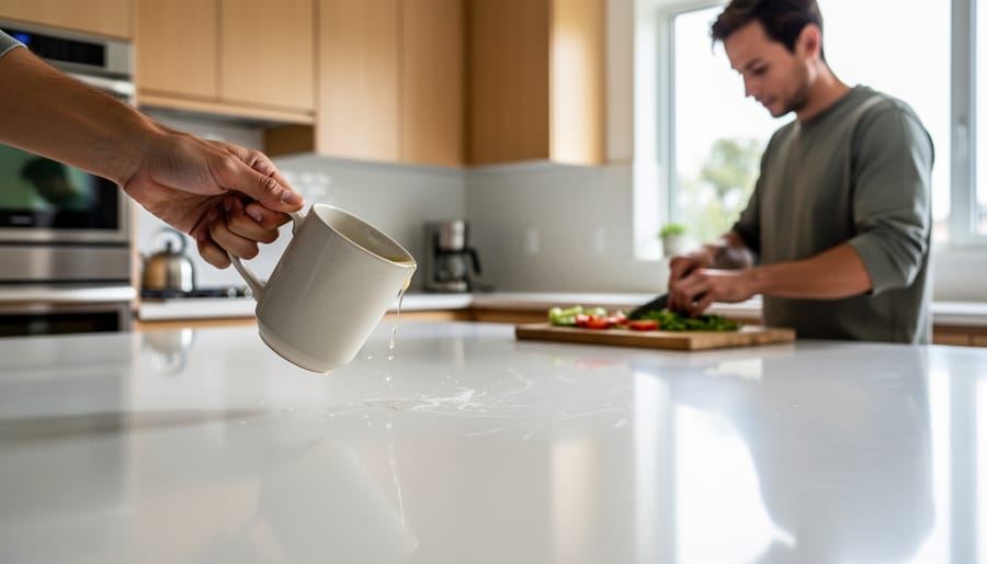 Daily kitchen activity near a polished countertop showing the stone finish in use.