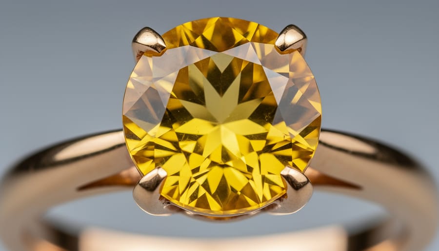 Faceted yellow citrine gemstone on black velvet with jeweler tools on a workbench.