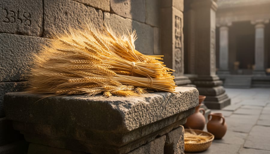 Grain sheaves placed on a rough stone altar in a harvest temple courtyard
