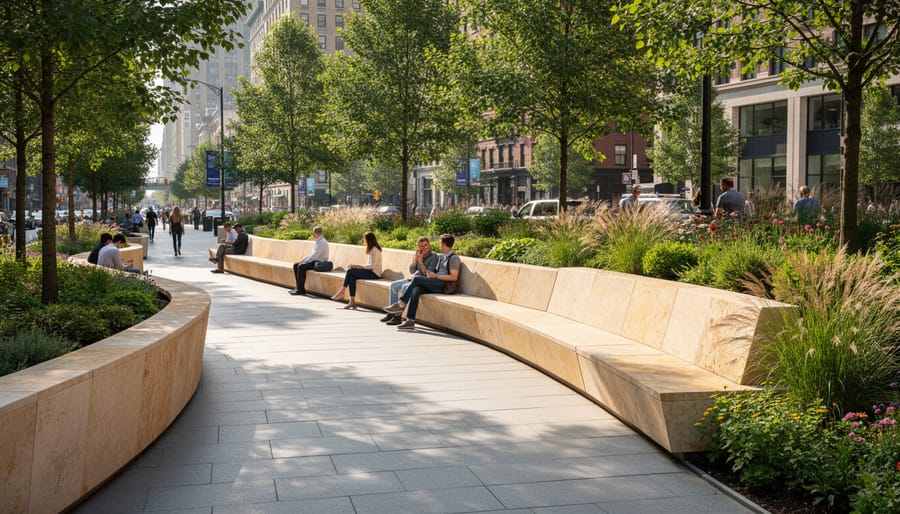 People sitting on a limestone seating wall in an urban park