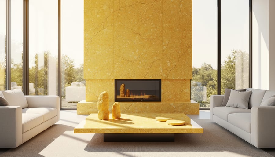 Luxury interior detail showing a polished yellow gemstone inset panel in a warm architectural setting.