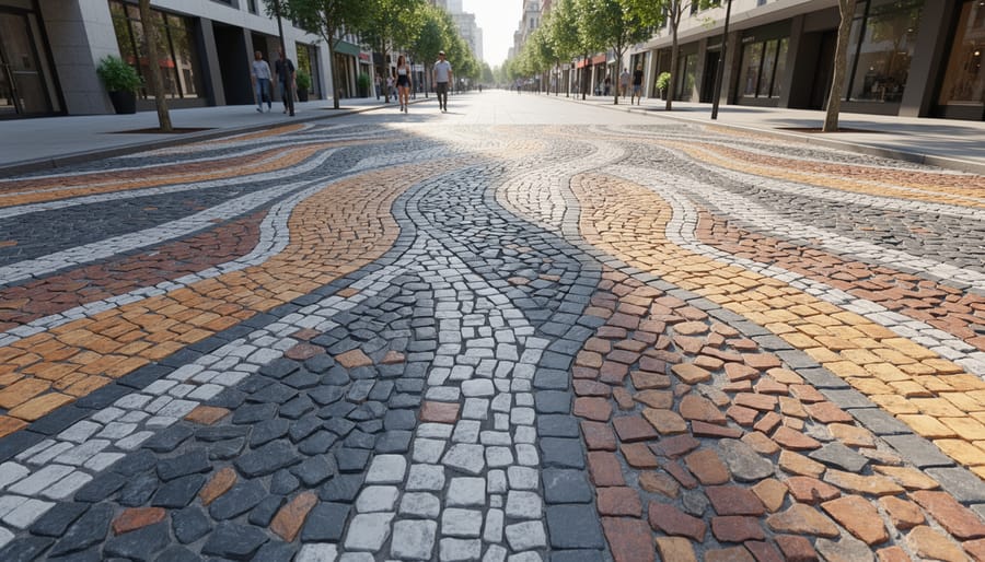 Mixed stone mosaic paving pattern using granite, limestone, and slate