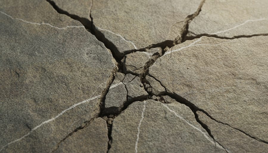 Macro close-up of natural stone veining and small cracks on a slab surface