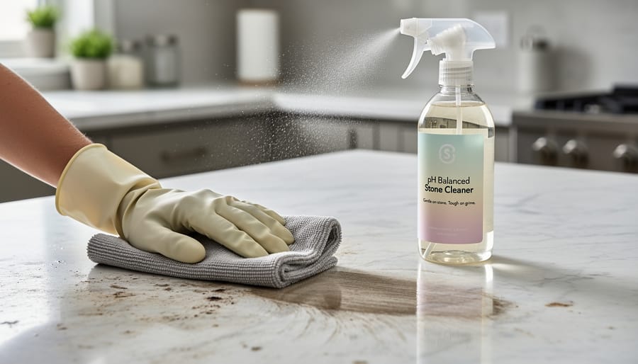 Foamy cleaning solution applied onto a marble countertop surface