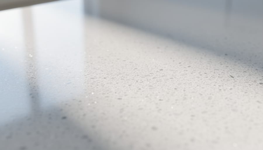 Close-up macro of a polished quartz countertop surface showing uniform speckling.