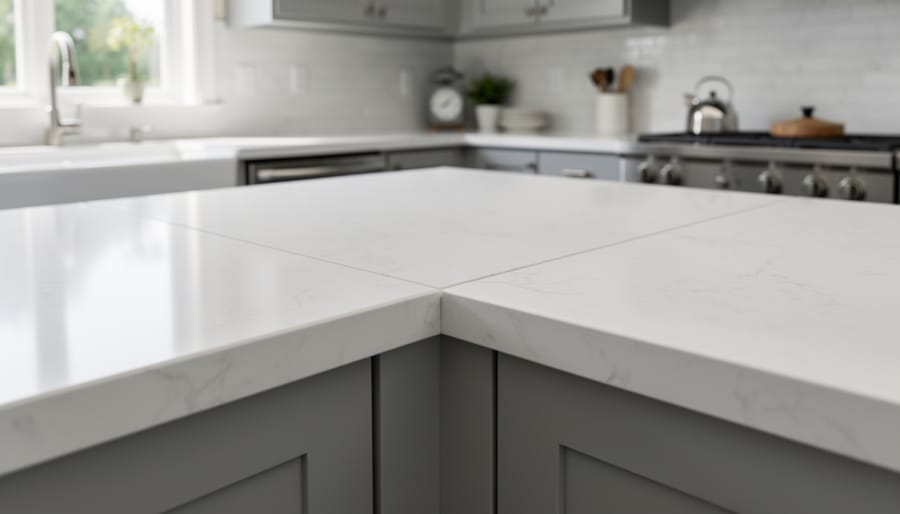 Quartz countertop with a clean seam and corner transition in a bright kitchen setting